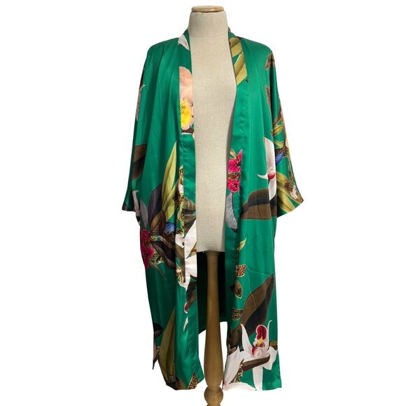 Chicos Tropical Emerald Floral Kimono Wrap L/XL Polyester Womens Lightweight Cov - Picture 3 of 13